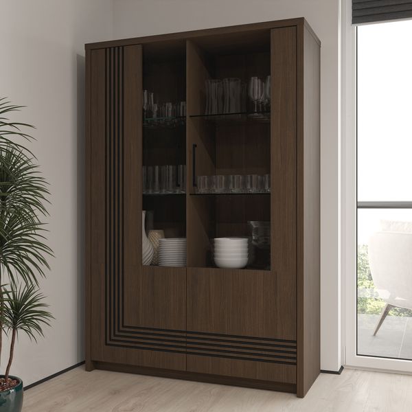 Forte EUFEMIUS Vitrine 120, moderner Vitrinenschrank mit dekorativer Fräsung, 2 Türen, Dunkelbraun|Schwarz Eiche Holzdekor, 116,5 cm breit x 172,7 cm hoch x 41,6 cm tief