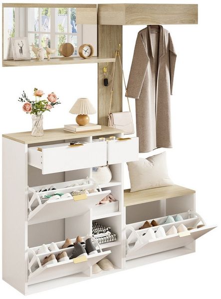 Refined Living Garderoben-Set Flurgarderoben-Set 4-teilig mit Schuhschrank, Spiegel & Bank 130cm, (Gesamtmaße: B130×T30×H174 cm, Platzsparendes Garderobenmöbel mit Sitzbank & Spiegel, mit Haken & Kleiderstange, 1-St, Natural + Weiß, modern & zeitlos, m...