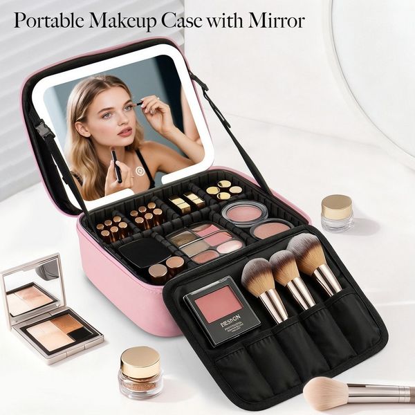 Youyijia Aufbewahrungsbox Reise Make-up Tasche mit LED Spiegel, 3 Lichtfarben & Dimmbar