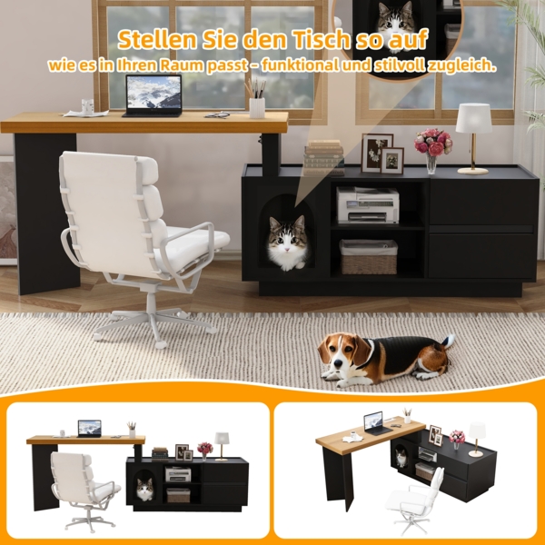 Merax 120cm Eckschreibtisch mit integriertem Tierhaus, L-förmig oder einteilig, flexible Montage, Eckschreibtisch für Home Office mit XL-Tierhöhle, Schwarz Bild 3