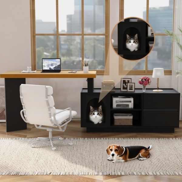 Merax 120cm Eckschreibtisch mit integriertem Tierhaus, L-förmig oder einteilig, flexible Montage, Eckschreibtisch für Home Office mit XL-Tierhöhle, Schwarz Bild 2