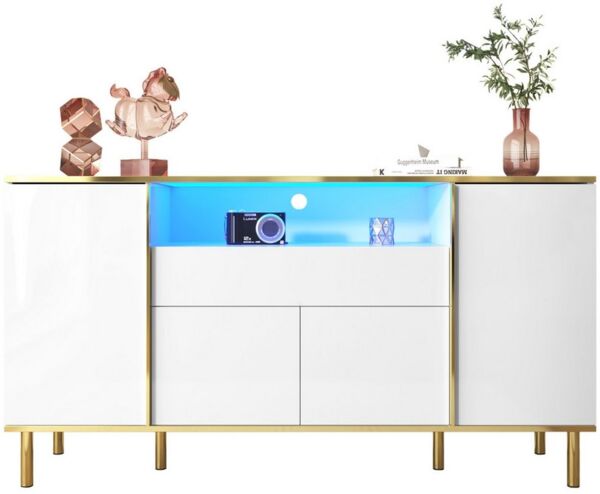 Merax Sideboard in Hochglanz mit LED- Beleuchtung (1 St), Kommode mit Schublade & 4 Türen,Anrichte mit goldenen Akzenten,B:150cm