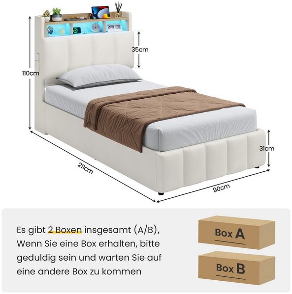 KIMENICH Polsterbett mit LED Beleuchtung und Ladefunktion (1-tlg, Ohne Matratze), Jugendbett Hydraulisches Stauraumbett, 90x200 cm