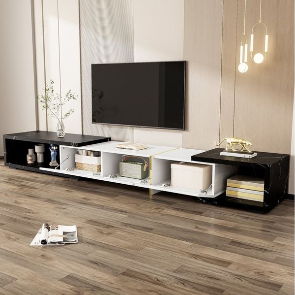 Merax Lowboard Hochglanz-TV-Schrank mit verstellbarer Länge (TV-Ständer mit 1 Tür), TV-Board Marmoroptik mit drehbarer Funktion, Breit: 140-260 cm