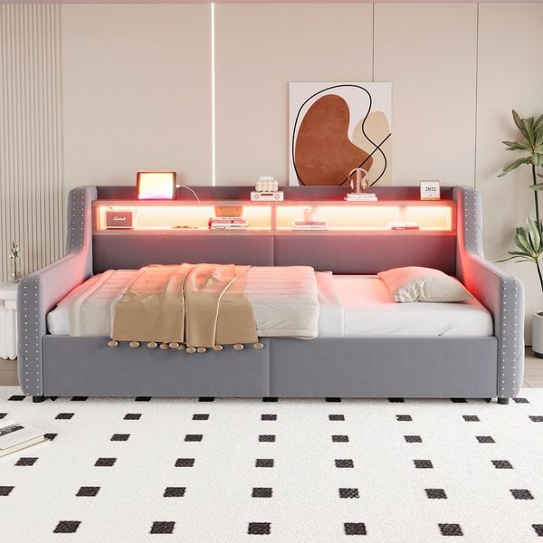 OKWISH Schlafsofa Polsterbett Stauraumbett, mit hydraulischem Stauraum, LED-Beleuchtung, Ablagefach, Steckdose, Ladeanschluss und komfortabler Rückenlehne 90x200 cm, ohne Matratze