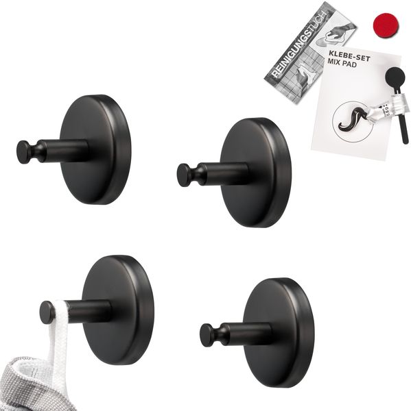 Bad-Serie PIAZZA BLACK – Handtuchhaken 4er Set inkl. Klebeset, aus Edelstahl matt schwarz