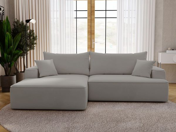 GRAINGOLD Ecksofa California, Sofa mit Schlaffunktion, Bettkasten, Eckcouch L-Form, Velour-Stoff, Hellgrau, Links