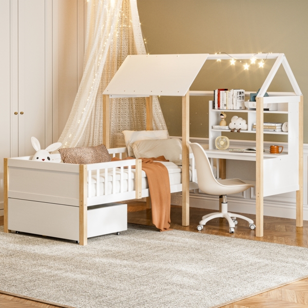 LVHOM Hausbett mit Rausfallschutz, Lattenrost, Schreibtisch, Bücherregal & 1 Schublade mit Rollen, L-förmig, Massivholz natur, 90x200 cm