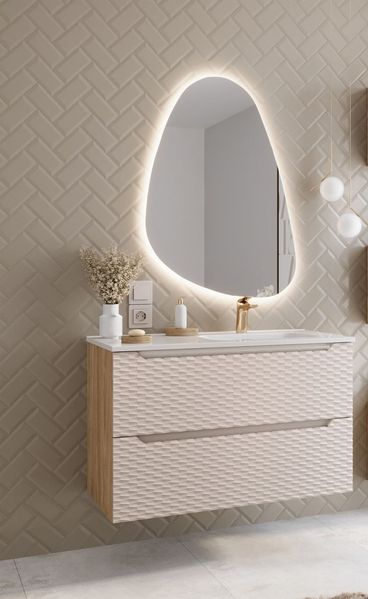 Badmöbel Set 2-tlg Badezimmerset LAXY Eiche Beige Schrank 90cm inkl. Waschtisch