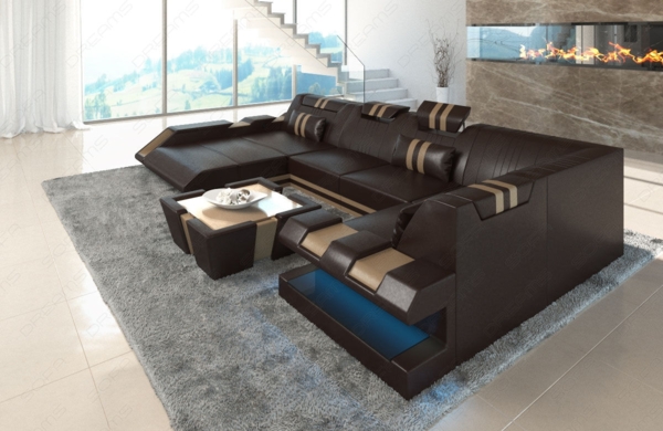 Sofa Dreams 'Apollonia' Ledersofa U Form, 77 x 196 x 356 cm, Dunkelbraun / Sandbeige, Büffelleder, Links Bild 3