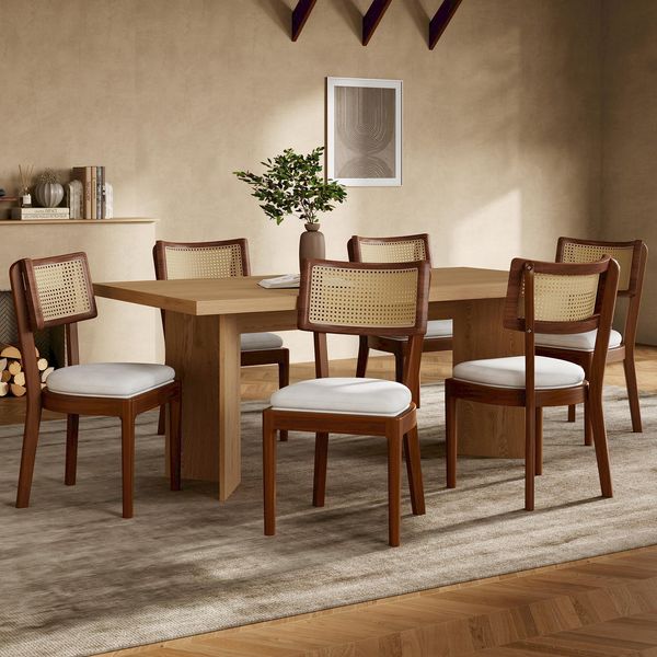 Stuhl 4er-Set, Holzmaterial mit Rattan-Rücken und Leinenkissen, Walnut, modern und pflegeleicht,50x58x88 cm