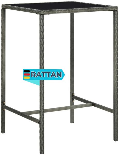 Garten-Bartisch JONI Grau 70x70x110 cm Poly Rattan und Glas | Gartentisch Rattan Bistrotisch Outdoortisch Terrassentisch