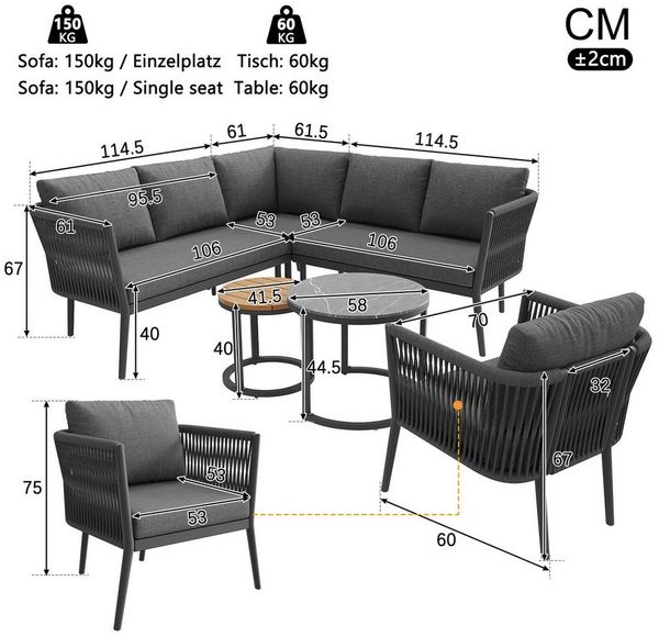 Celya Gartenlounge-Set Gartenlounge-Set für 5-6 Personen,Großes Outdoor Sofa Set, (Modulares Ecksofa Set für Terrasse Balkon, Grau), 6-teiliges PE-rattan Sitzgruppe mit wasserfester Sitzbank, Kissenset