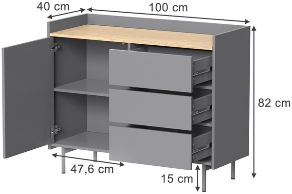 Kommode Velina Grau 100 x 82 cm mit 3 Schubladen und 1 Tür Vicco Bild 2