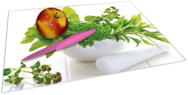 Wallario Schneidebrett Welt der Kräuter - verschiedene Kräuter in einem weißen Mörser, ESG-Sicherheitsglas, (inkl. rutschfester Gummifüße 4mm, 1-St), 30x40cm