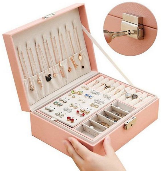 FOUORTUNATE-BEE Schmuckkasten 2-schichtiger Schmuckkasten mit Schloss, 2-lagige Leder-Schmuckbox mit Schloss, abnehmbare Fächer