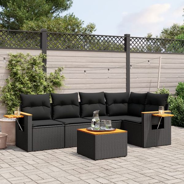 vidaXL 6-tlg. Garten-Sofagarnitur mit Kissen Schwarz Poly Rattan 3226790