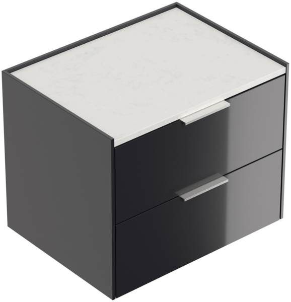 Nachttisch Kommode Artem 60cm, Quarztop, 2 Softeinzüge lackiert Grafit Hgl : Grafit hochglanz