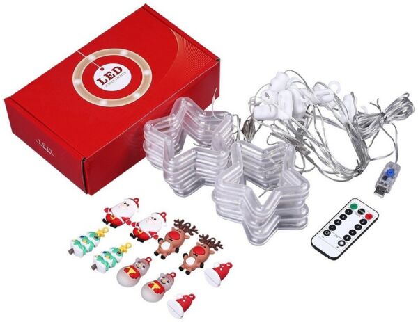 Rosnek LED-Lichtervorhang 3M, Weihnachtsornamente, für Schlafzimmer Fenster Deko, Weihnachtsmann Weihnachtsbaum Rentier