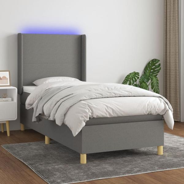 vidaXL Boxspringbett mit Matratze & LED Dunkelgrau 100x200 cm Stoff 3138694