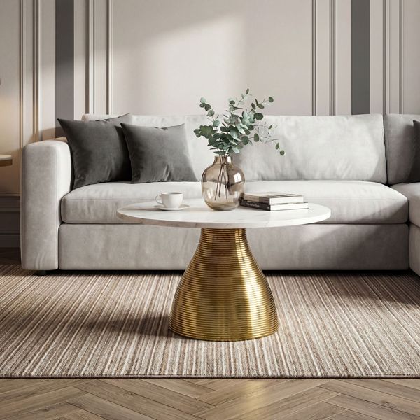 FINEBUY Couchtisch FB77369 60cm Marmor Platte weiß Wohnzimmertisch Beistelltisch Rund (Extravaganter Tisch in markanter Rillenoptik), Glatte Marmorplatte auf goldenem Aluminium