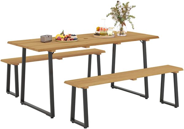 Sitzgruppe 3-teilig Holz Essgruppe für 6 Personen Esstisch mit 2 Bänke Schirmloch Holztisch 178 x 76 x 77 cm Naturholz
