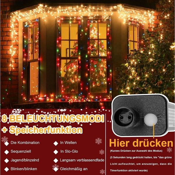 LMaxhome LED-Lichterkette Eisregen Lichterkette für Aussen Flashing Effekt Weihnacht Deko, 400-flammig, 5M/10M/15M Lichtervorhang Speicherfunktion 8 Modi Timer Warmweiß Deko