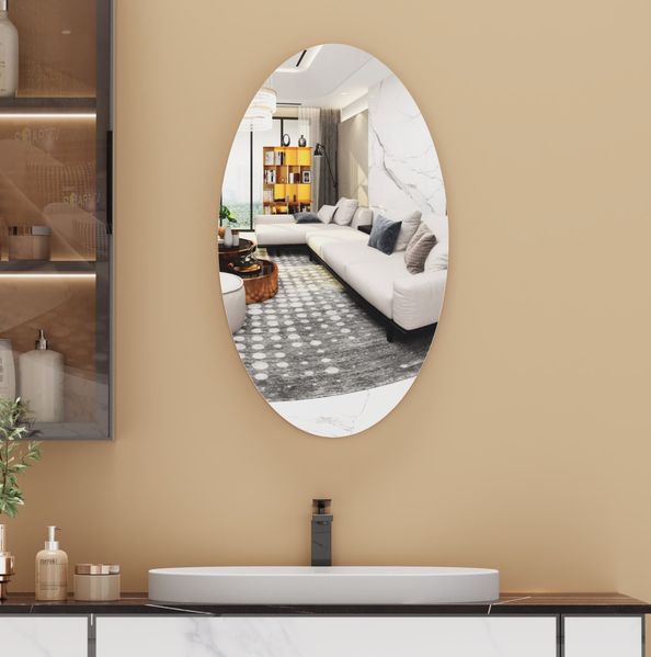 Wandspiegel 64x37 cm, oval, rahmenlos – Badspiegel aus MDF und Spiegelglas, horizontal oder vertikal
