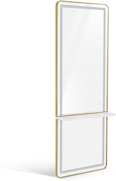 BarberPub Wandspiegel mit Beleuchtung, Ganzkörperspiegel mit Aluminiumrahmen, Großer Spiegel mit Ablage, Touch-Schalter, 3 Lichtfarben Dimmba, J6271,(Weiß-Gold)