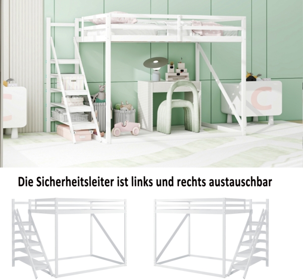 High Loft Hochbett Weiß 140x200 Massivkiefer 150kg Tragkraft Sicherheitsgeländer Lattenrost Stauraum Leiter Platzsparend Kinderzimmer Teenagerzimmer Gästezimmer Arbeitsbereich Bild 5