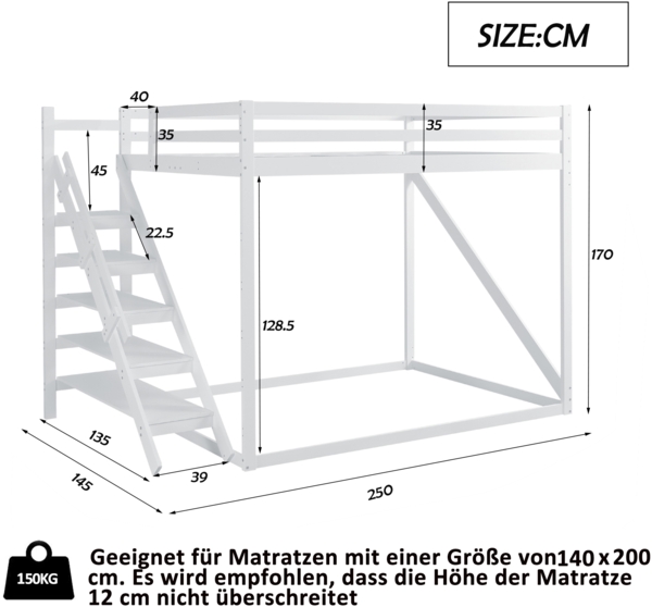 High Loft Hochbett Weiß 140x200 Massivkiefer 150kg Tragkraft Sicherheitsgeländer Lattenrost Stauraum Leiter Platzsparend Kinderzimmer Teenagerzimmer Gästezimmer Arbeitsbereich Bild 4