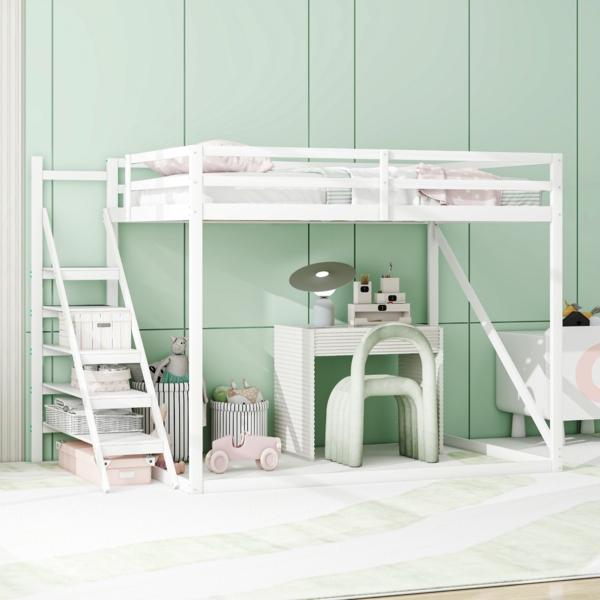 High Loft Hochbett Weiß 140x200 Massivkiefer 150kg Tragkraft Sicherheitsgeländer Lattenrost Stauraum Leiter Platzsparend Kinderzimmer Teenagerzimmer Gästezimmer Arbeitsbereich Bild 1