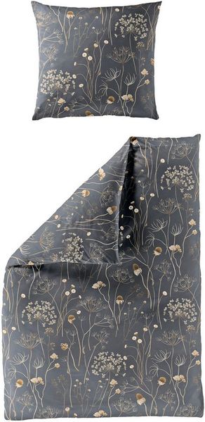 Bierbaum Biber Bettwäsche 155x220 Wiesenblumen anthrazit gold Gräser 4140-10