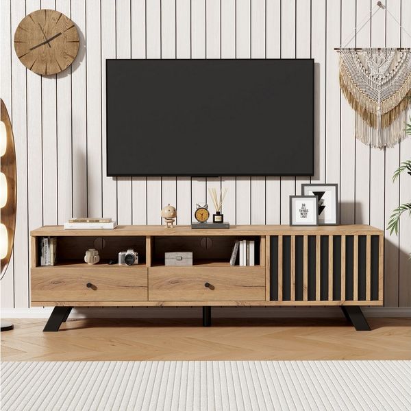 Merax Lowboard mit Holzmaserung-Oberfläche in Holzfarbe und Schwarz (1 St, 150x38x44cm), TV-Schrank mit Schrank, 2 Schubladen und offenen Staufächern