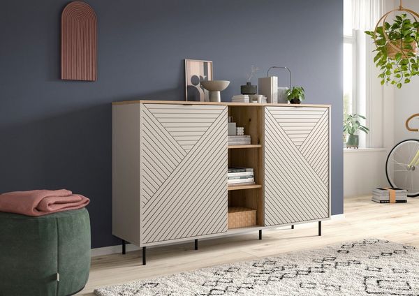 Home affaire Sideboard RAITA, Breite 154 cm, Front mit Desgin-Fräsung, 2 Türen, viel Stauraum (moderne Farbkombi, individuell einsetzbar, Griffe & Füße aus Metall), Kommode, Anrichte, Schrank, Highboard, TV-Board