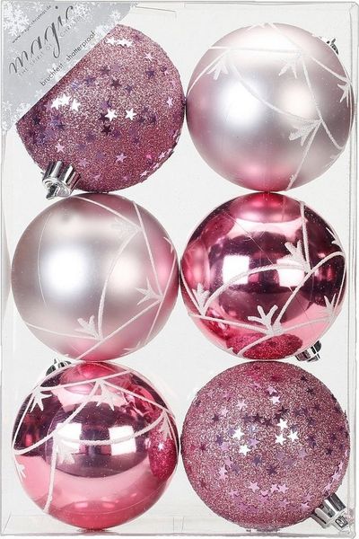 MAGIC by Inge Weihnachtsbaumkugel, Weihnachtskugeln Dekorierte Kugeln Kunststoff 8cm 6er Set - Rosa Mix