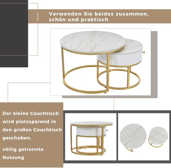 Merax Couchtisch Satztisch rund Beistelltisch mit Schublade (2-St), hochglanz Marmoroptik aus Holz mit goldenen Metallbeine, weiß Bild 9