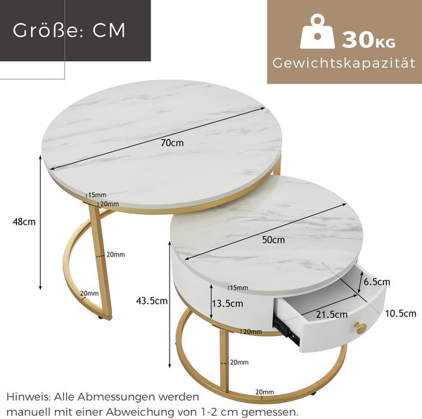 Merax Couchtisch Satztisch rund Beistelltisch mit Schublade (2-St), hochglanz Marmoroptik aus Holz mit goldenen Metallbeine, weiß Bild 6