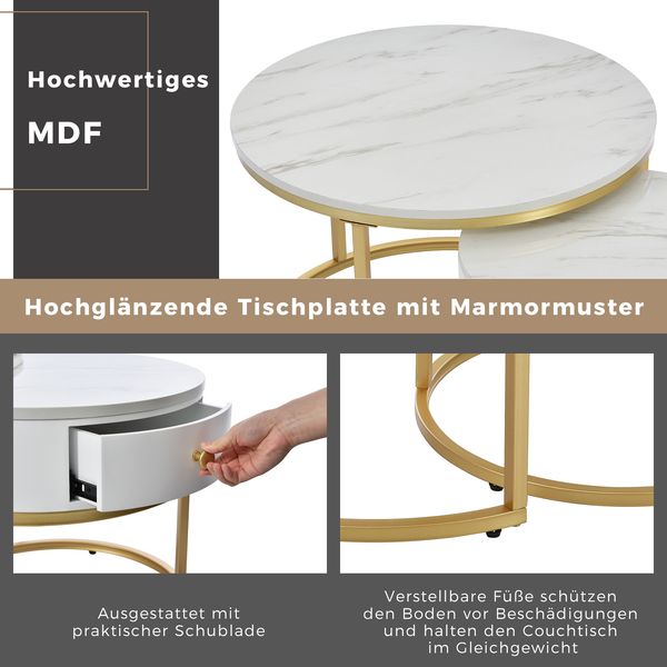 Merax Couchtisch Satztisch rund Beistelltisch mit Schublade (2-St), hochglanz Marmoroptik aus Holz mit goldenen Metallbeine, weiß Bild 10