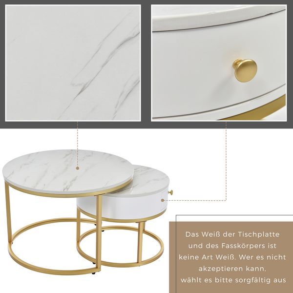 Merax Couchtisch Satztisch rund Beistelltisch mit Schublade (2-St), hochglanz Marmoroptik aus Holz mit goldenen Metallbeine, weiß Bild 8
