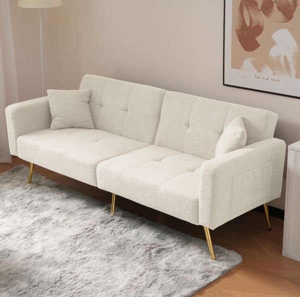 Schlafsofa mit Bettfunktion, Lammwollstoff & Seitentaschen, 175 x 64 x 72 cm, Weiß