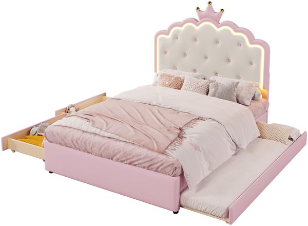 Polsterbett, 140 x 200 cm, mit Lattenrost (ohne Matratze), Ambiente-Beleuchtung mit Fernbedienung, Kronprinzessinnenform, Ausziehbett, 2 Schubladen, Material PU, Rosa Bild 9