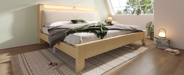 Bett 160×200 cm mit LED-Kopfteilablage & Stauraum, Cord-Polsterkopfteil, Beige/Eiche