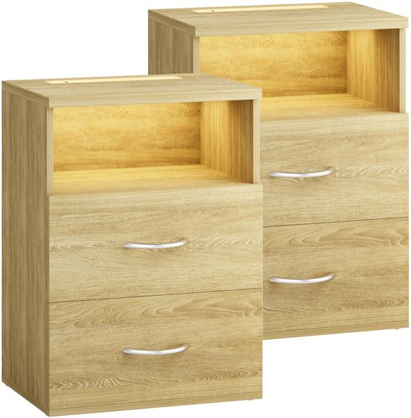 CASARIA® Nachttisch 2er Set mit Schubladen & Beleuchtung Eiche
