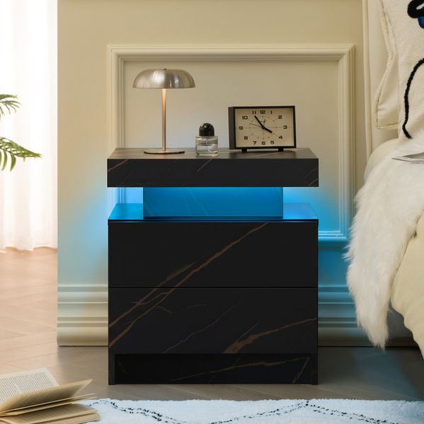 Nachttisch mit LED und 2 Schubladen in Schwarz-Gold, 50 x 53 x 36 cm, aus Holzwerkstoff