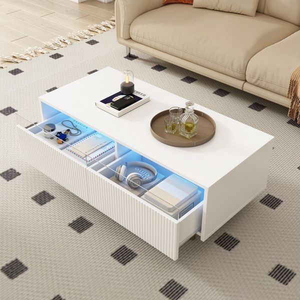 Merax Couchtisch Sofatisch Beistelltisch mit LED-Beleuchtung (1-St), Wohnzimmertisch mit 2 Schubladen & Massivholzbeinen, 110×50×40 cm