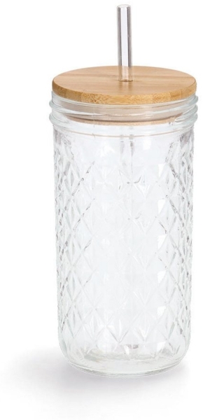 ZELLER 19648 Trinkglas mit Bambusdeckel und Glasstrohhalm, Ø 8,9 x 16,4 cm