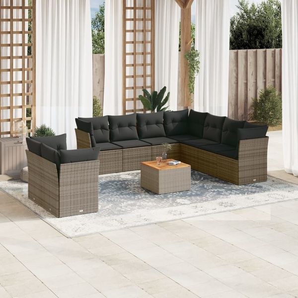 vidaXL 10-tlg. Garten-Sofagarnitur mit Kissen Grau Poly Rattan 3223715