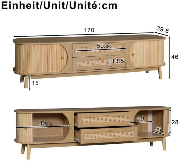 Celya TV-Schrank TV Board mit Türen und Schubladen, TV-Ständer mit Rattanseiten TV-Lowboard mit zwei Schiebetüren