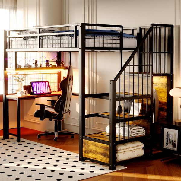 Metall-Hochbett 90×200 cm mit Stauraumtreppe, Schreibtisch & LED-Lichtleiste, Schwarz, ohne Matratze